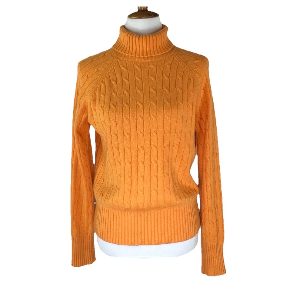 Talbots Cashmere Cotton Turtleneck Pullover Cable Knit Sweater Orange Women's M‎